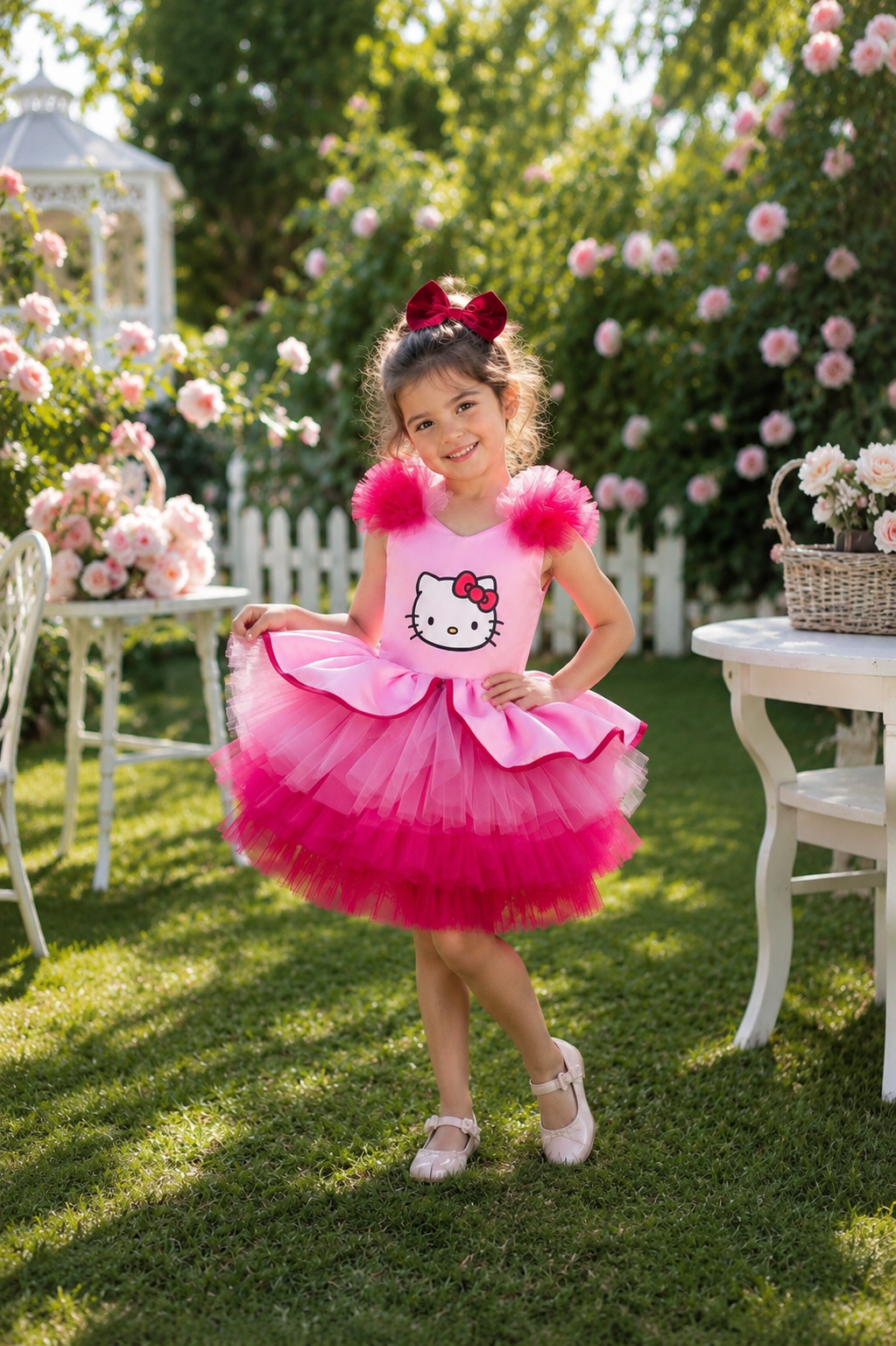 Kırmızı Pembe Hello Kitty Kız Çocuk Abiye - Bebek Doğum Günü Elbisesi - ipeqakids