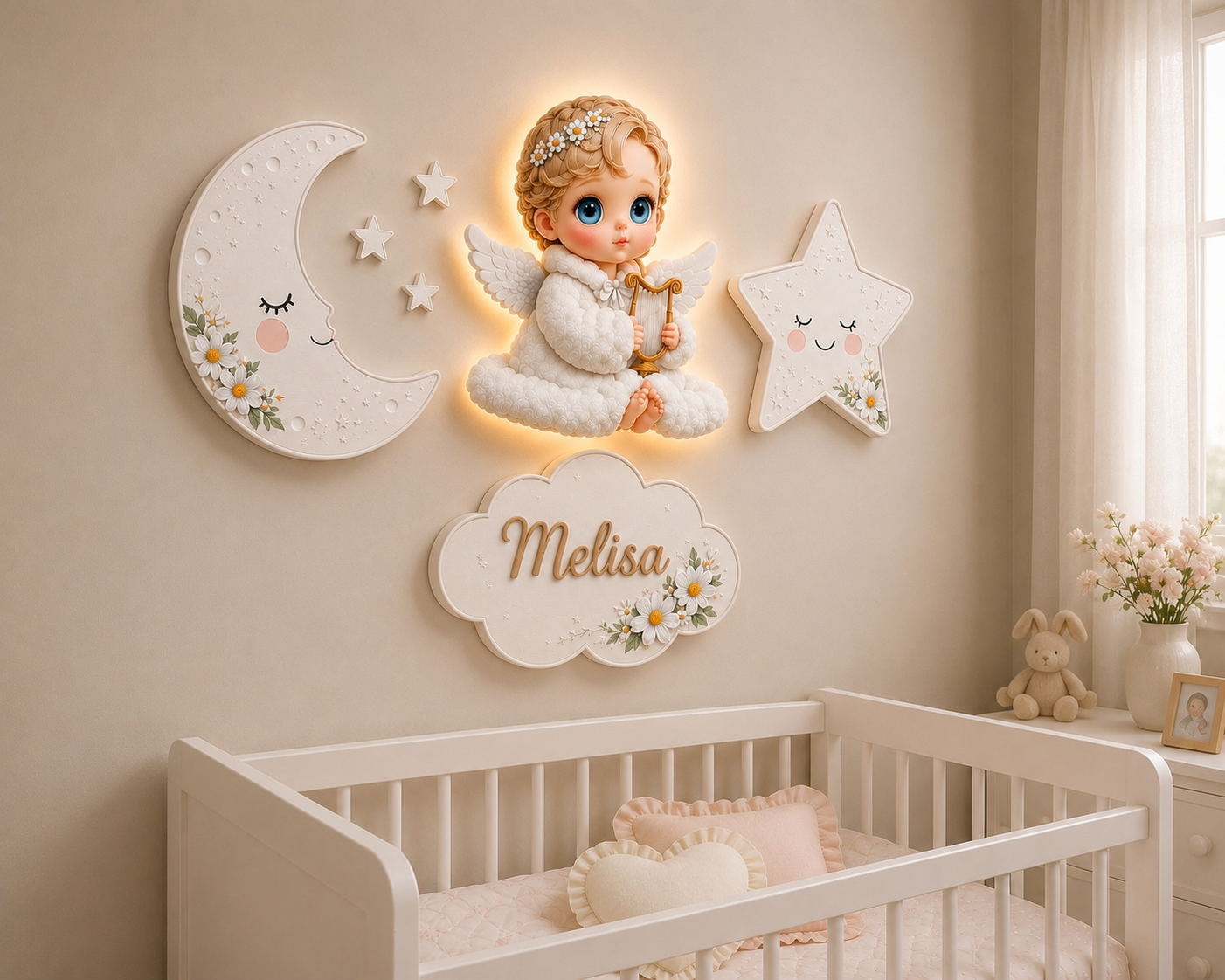 Kişiye Özel İsimli Bebek Melek 7'li LED Ahşap Gece Lambası Seti