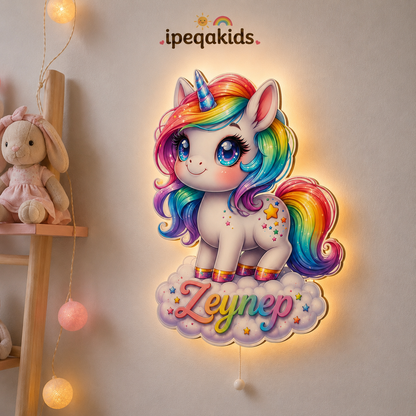 Kişiye Özel İsimli Bulutlu Unicorn LED Ahşap Gece Lambası