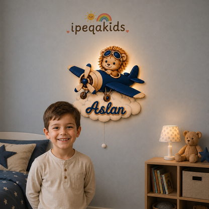 Kişiye Özel İsimli Aslan Uçak LED Ahşap Gece Lambası