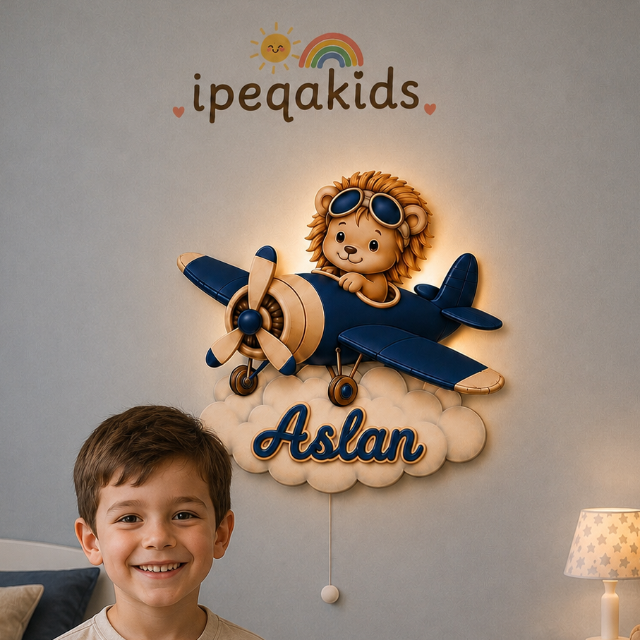 Kişiye Özel İsimli Aslan Uçak LED Ahşap Gece Lambası