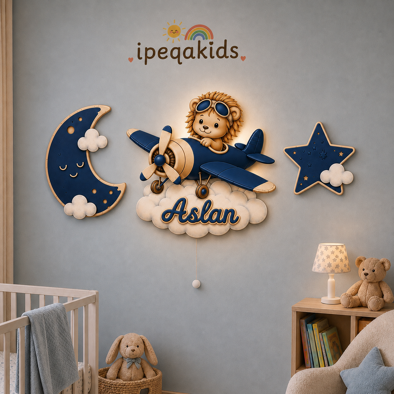 Kişiye Özel İsimli Mavi Aslan Uçak 3’lü LED Ahşap Gece Lambası