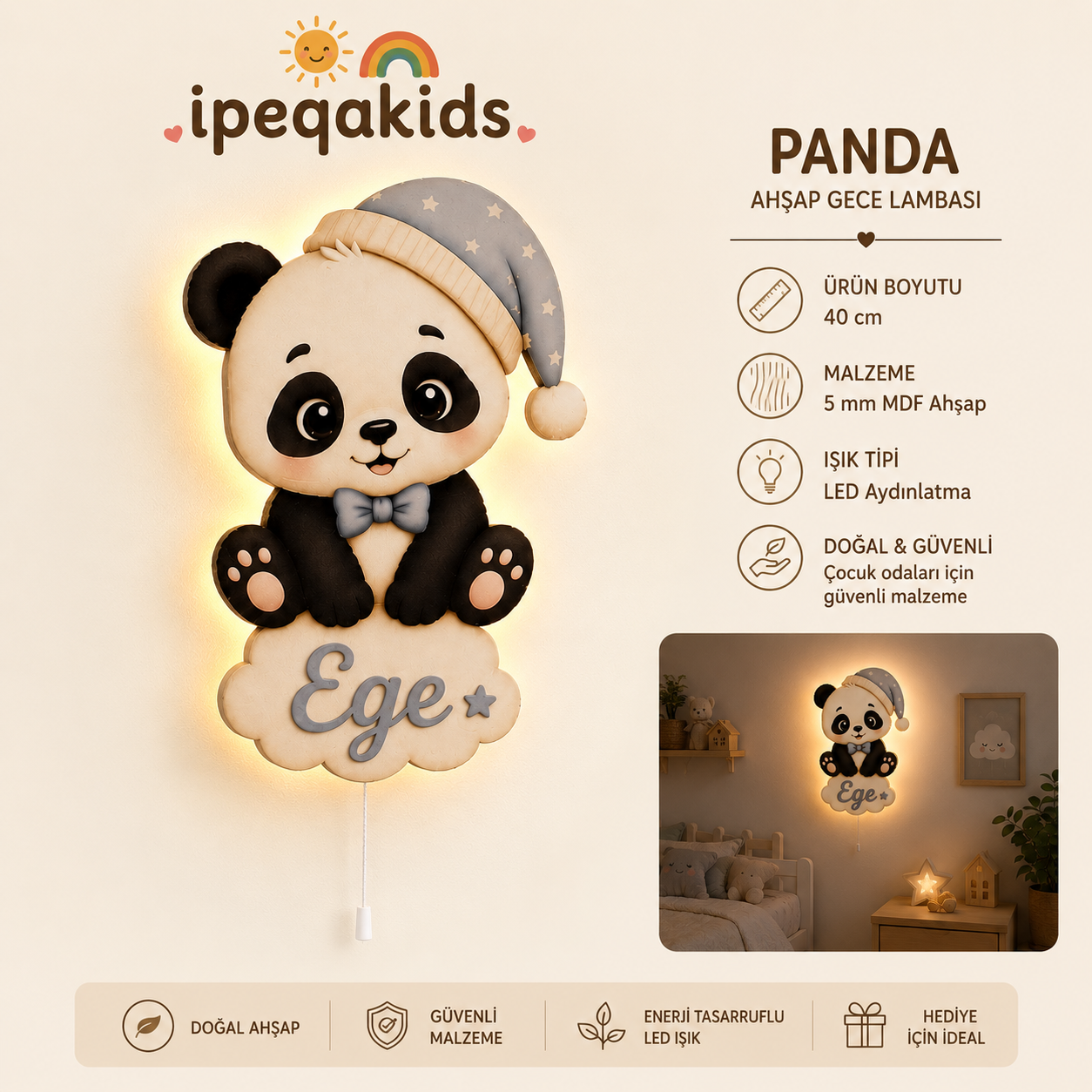 Kişiye Özel İsimli Panda LED Ahşap Gece Lambası