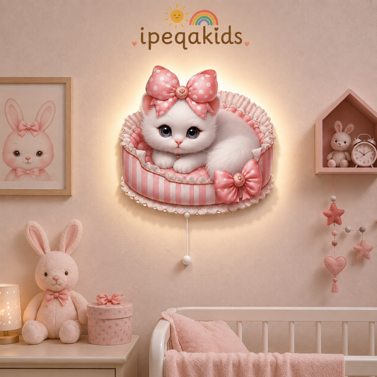 Pembe Kurdeleli Kedi LED Işıklı Bebek Odası Ahşap Duvar Dekoru - Gece Lambası - Görsel 1