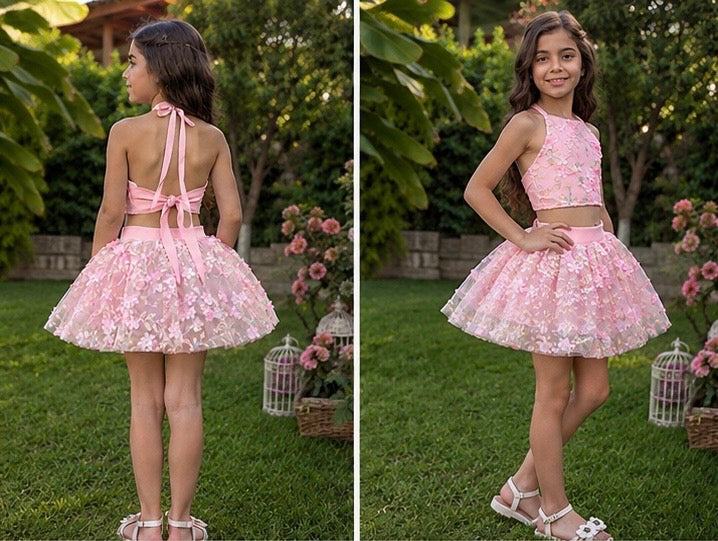 Pudra Pembe Çiçekli Kız Çocuk Crop Etek Takım - Bebek Doğum Günü Elbisesi - ipeqakids