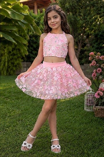 Pudra Pembe Çiçekli Kız Çocuk Crop Etek Takım - Bebek Doğum Günü Elbisesi - ipeqakids