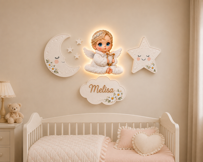 Kişiye Özel İsimli Bebek Melek 7'li LED Ahşap Gece Lambası Seti