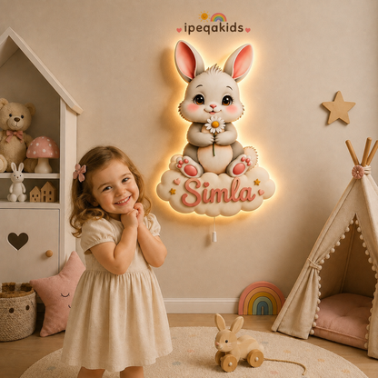 Kişiye Özel İsimli Bulutlu Tavşan LED Ahşap Gece Lambası