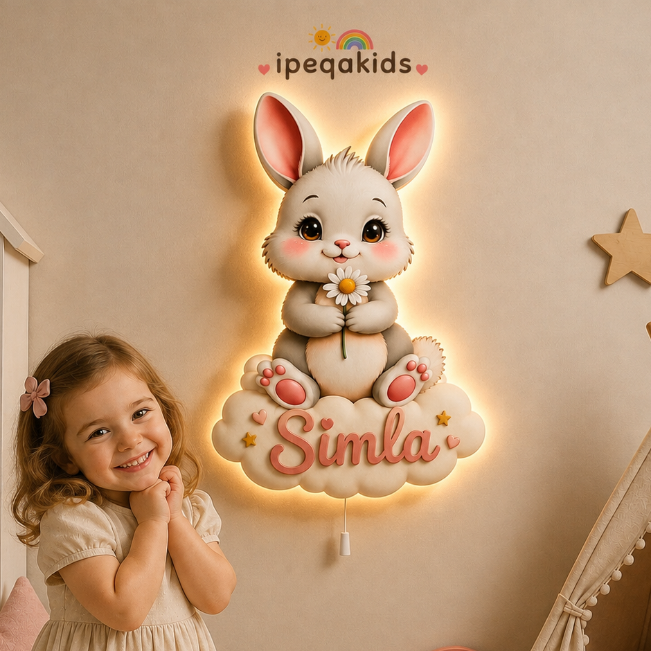 Kişiye Özel İsimli Bulutlu Tavşan LED Ahşap Gece Lambası