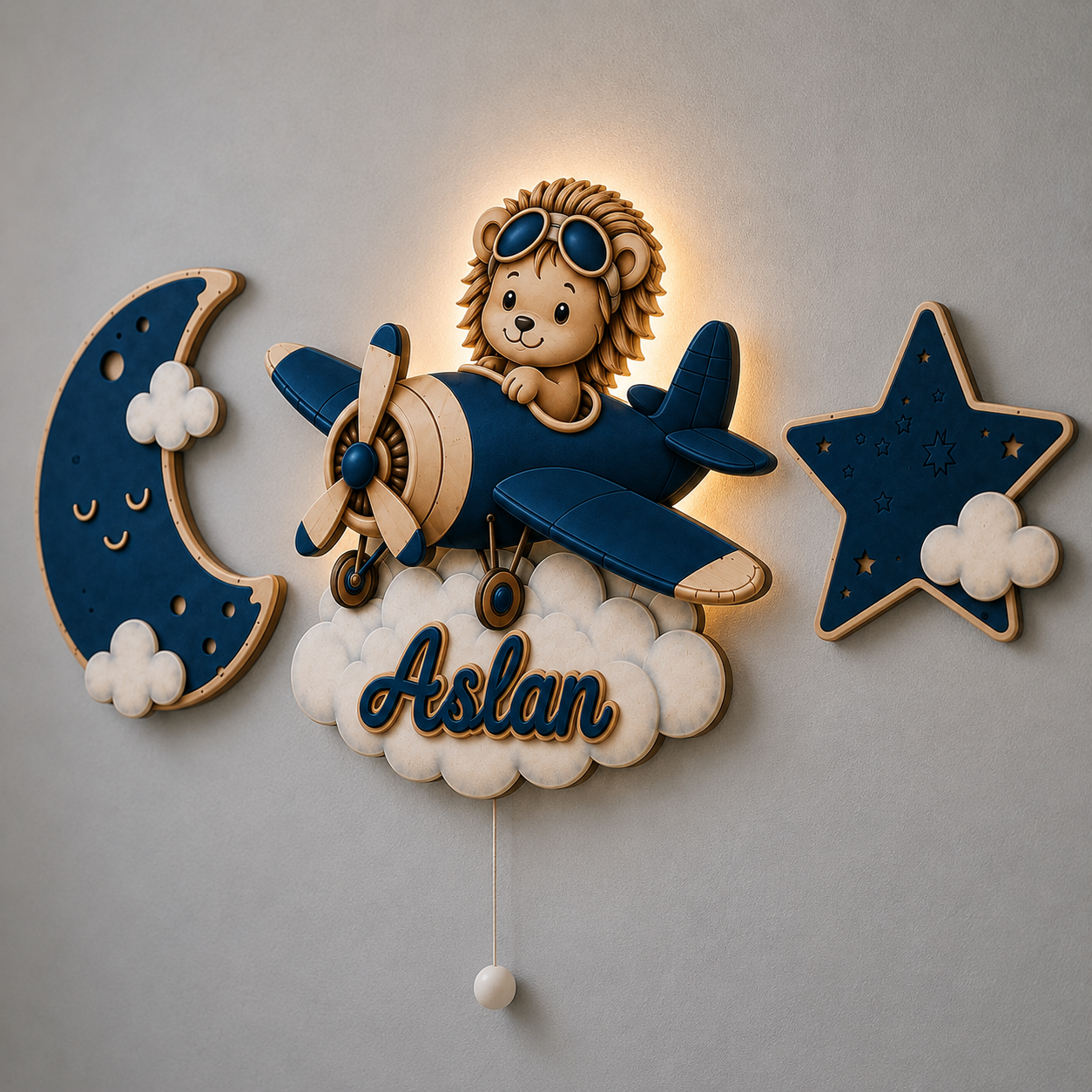 Kişiye Özel İsimli Mavi Aslan Uçak 3’lü LED Ahşap Gece Lambası