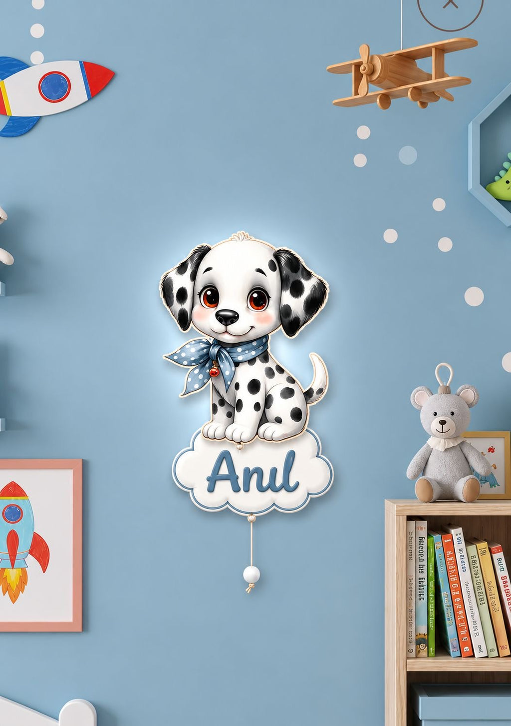 Kişiye Özel İsimli Dalmaçyalı Köpek Led Işıklı Bebek Odası Ahşap Duvar Dekoru - İsim için Whasapptan İletişime Geçiniz- Gece Lambası