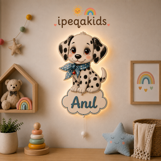 Kişiye Özel İsimli Dalmaçyalı Köpek LED Ahşap Gece Lambası