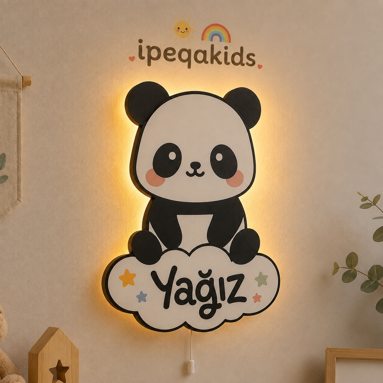 Kişiye Özel İsimli Panda LED Ahşap Gece Lambası