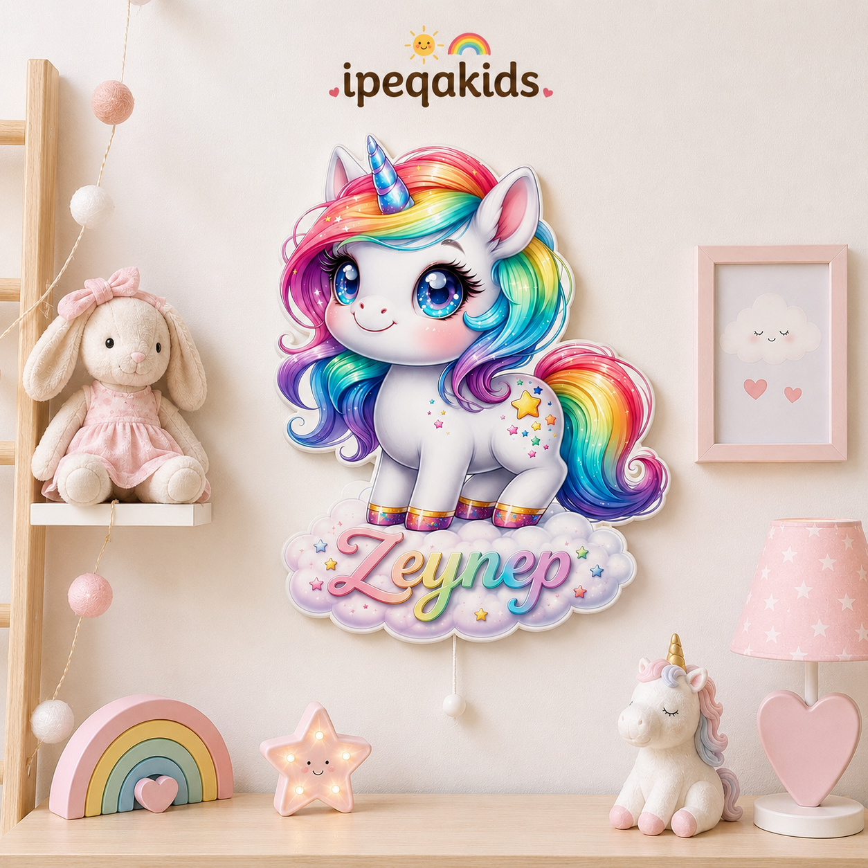 Kişiye Özel İsimli Bulutlu Unicorn LED Ahşap Gece Lambası