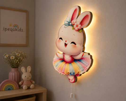 Balerin Tavşan Led Işıklı Bebek Odası Ahşap Duvar Dekoru - Gece Lambası
