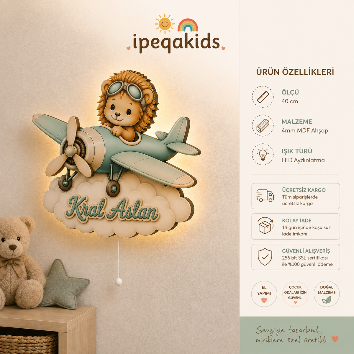Kişiye Özel İsimli Aslan Uçak LED Ahşap Gece Lambası - Görsel 4