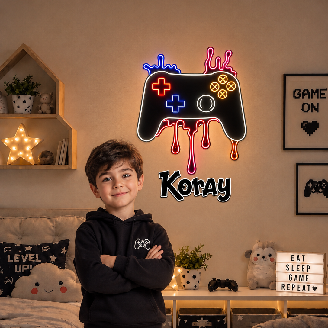 Kişiye Özel İsimli Playstation Oyun Kolu 2 parça LED Ahşap Gece Lambası