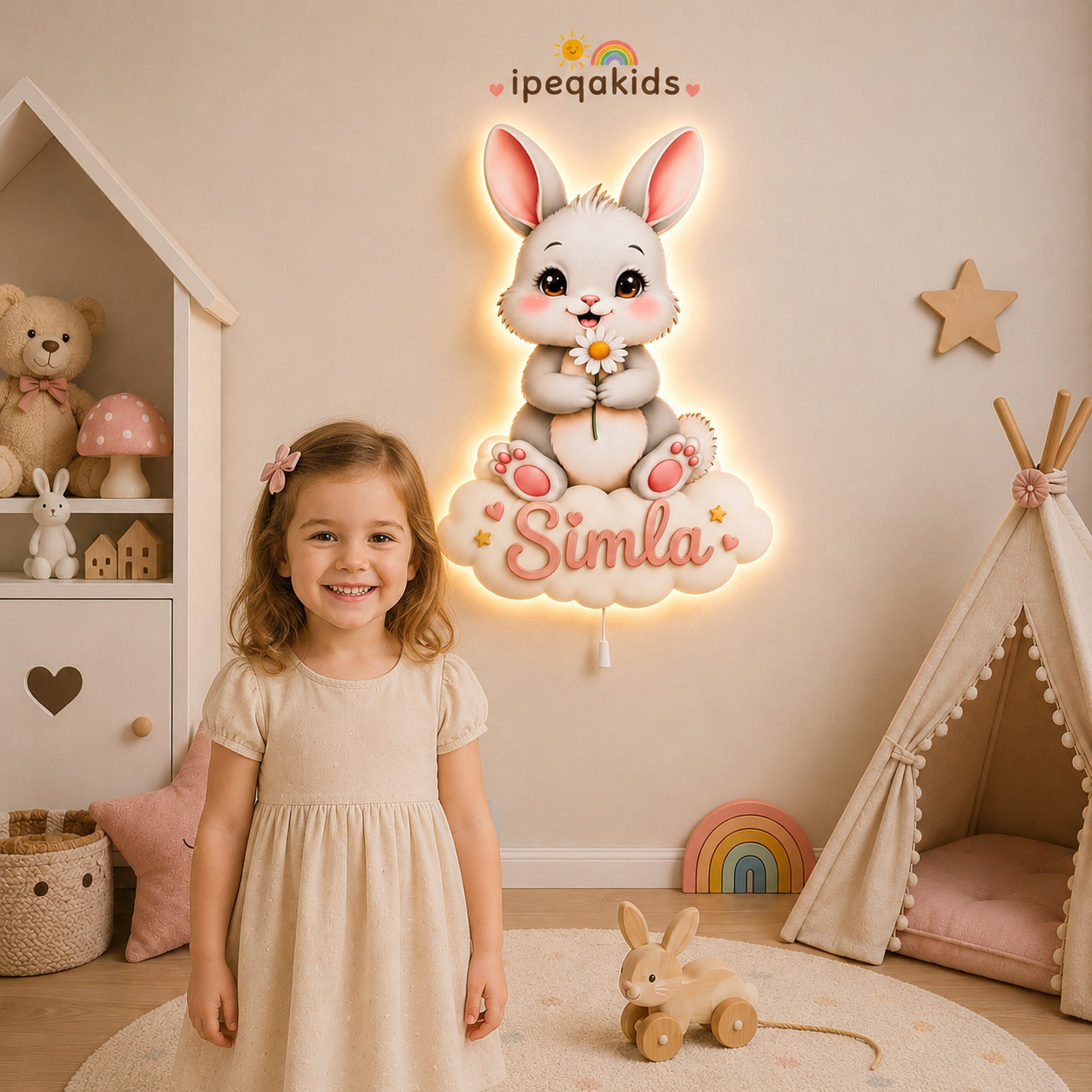 Kişiye Özel İsimli Bulutlu Tavşan LED Ahşap Gece Lambası