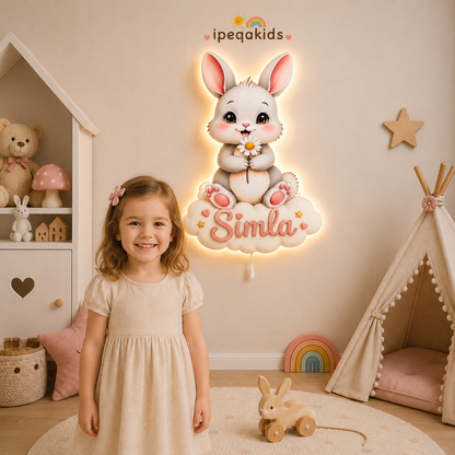 Kişiye Özel İsimli Bulutlu Tavşan LED Ahşap Gece Lambası