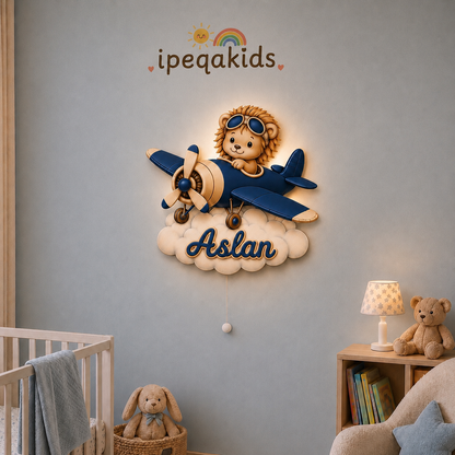 Kişiye Özel İsimli Aslan Uçak LED Ahşap Gece Lambası