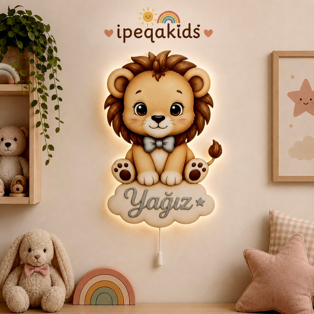 Kişiye Özel İsimli Aslan LED Ahşap Gece Lambası