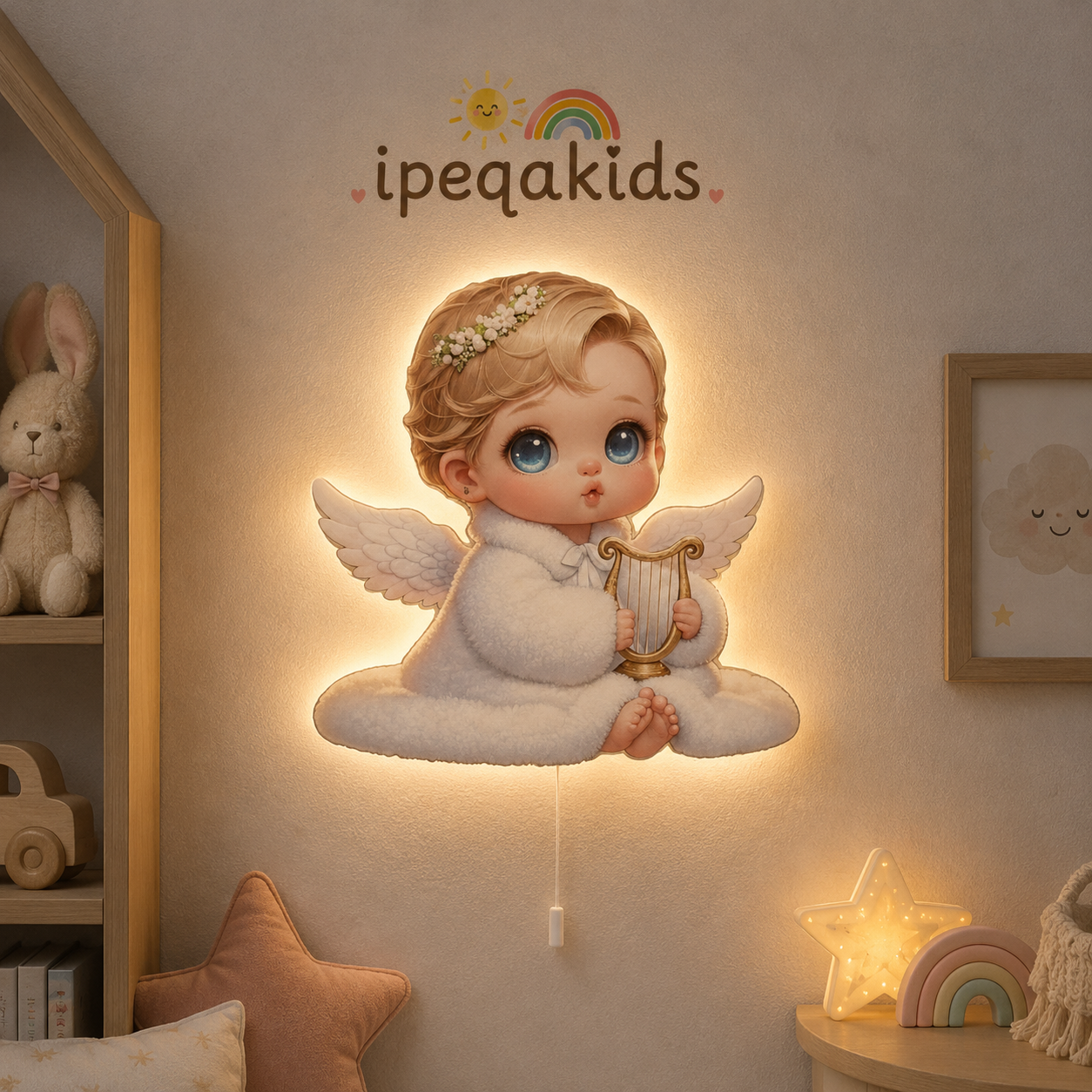Bebek Melek Pilli Led Işıklı Bebek Odası Ahşap Duvar Dekoru - Gece Lambası