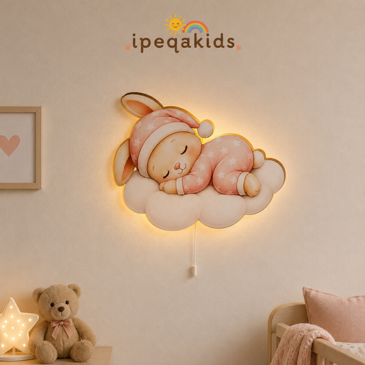 Uyuyan Pembe Tavşan Led Işıklı Bebek Odası Ahşap Duvar Dekoru - Gece Lambası