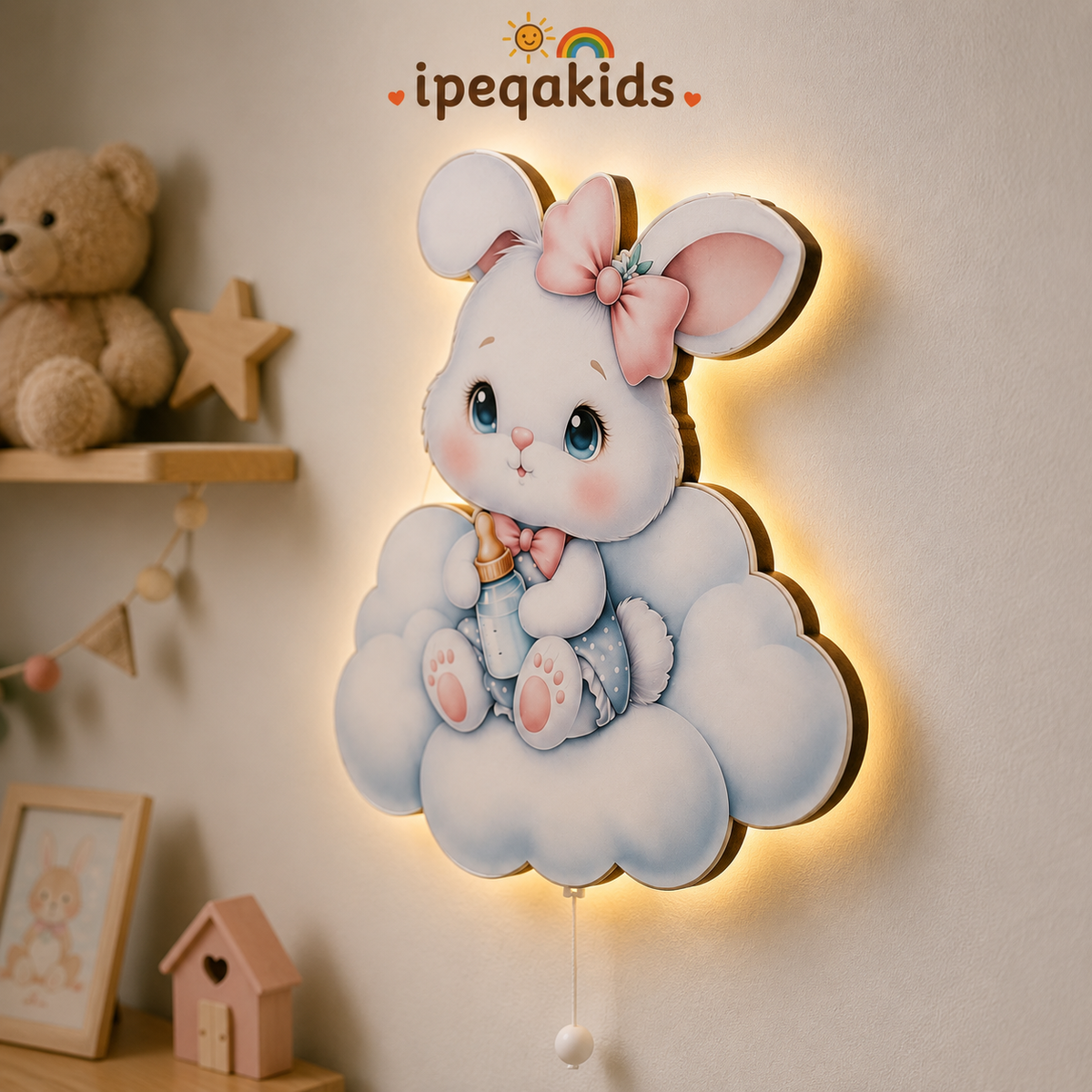 Tavşan Pilli LED Işıklı Ahşap Duvar Dekoru - Görsel 2