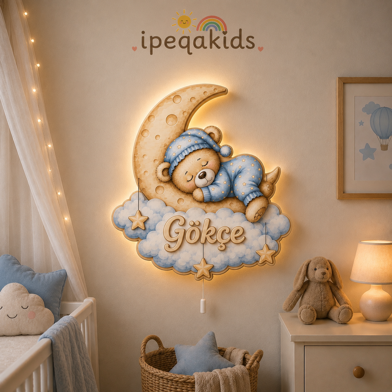 Kişiye Özel İsimli Uyuyan Ayıcık LED Ahşap Gece Lambası