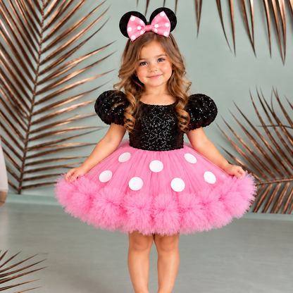 Pembe Kız Çocuk Mickey Mouse Kostümü TAÇ DAHİL- Çocuk Abiye Elbise -ipeqakids