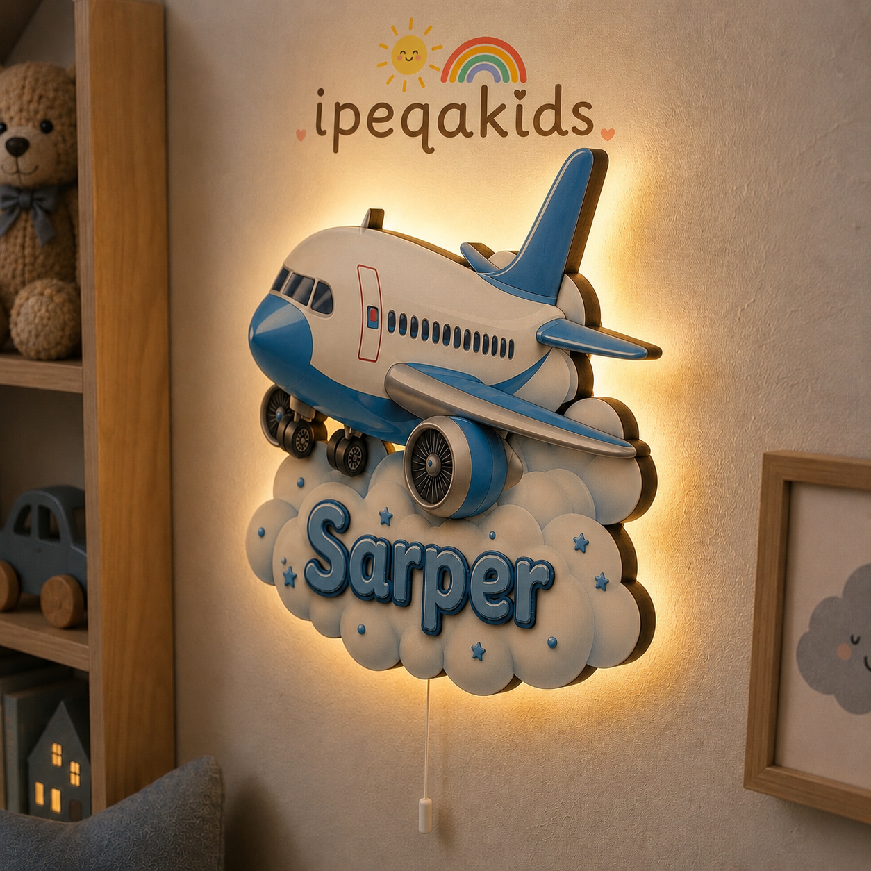 Kişiye Özel İsimli Uçak LED Ahşap Gece Lambası
