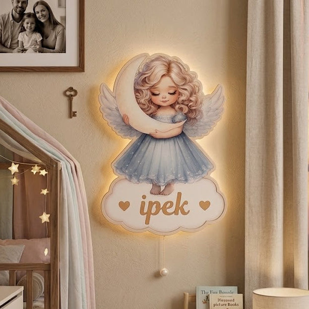 Kişiye Özel İsimli Melek LED Ahşap Gece Lambası
