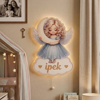 Kişiye Özel İsimli Melek LED Ahşap Gece Lambası