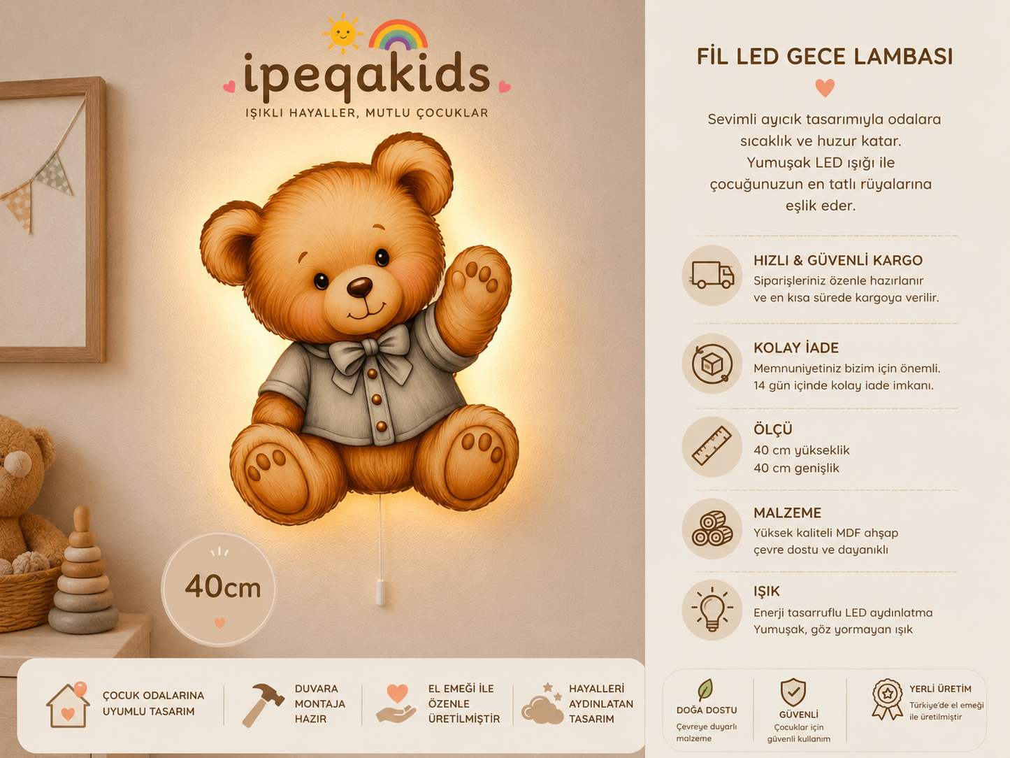 Gömlekli Ayıcık Led Işıklı Bebek Odası Ahşap Duvar Dekoru - Gece Lambası