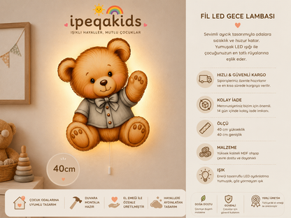 Gömlekli Ayıcık Led Işıklı Bebek Odası Ahşap Duvar Dekoru - Gece Lambası