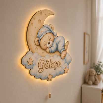 Kişiye Özel İsimli Uyuyan Ayıcık LED Ahşap Gece Lambası