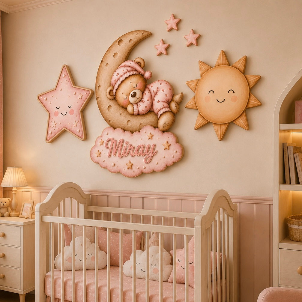 Kişiye Özel İsimli Pembe Uyuyan Ayıcık 6'lı LED Ahşap Gece Lambası Seti