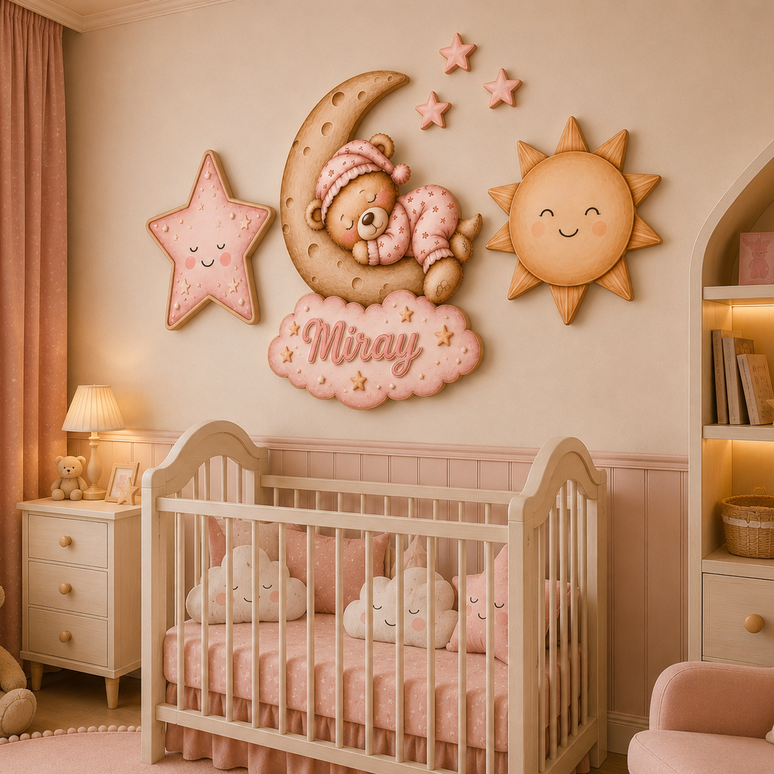 Kişiye Özel İsimli Pembe Uyuyan Ayıcık 6'lı LED Ahşap Gece Lambası Seti