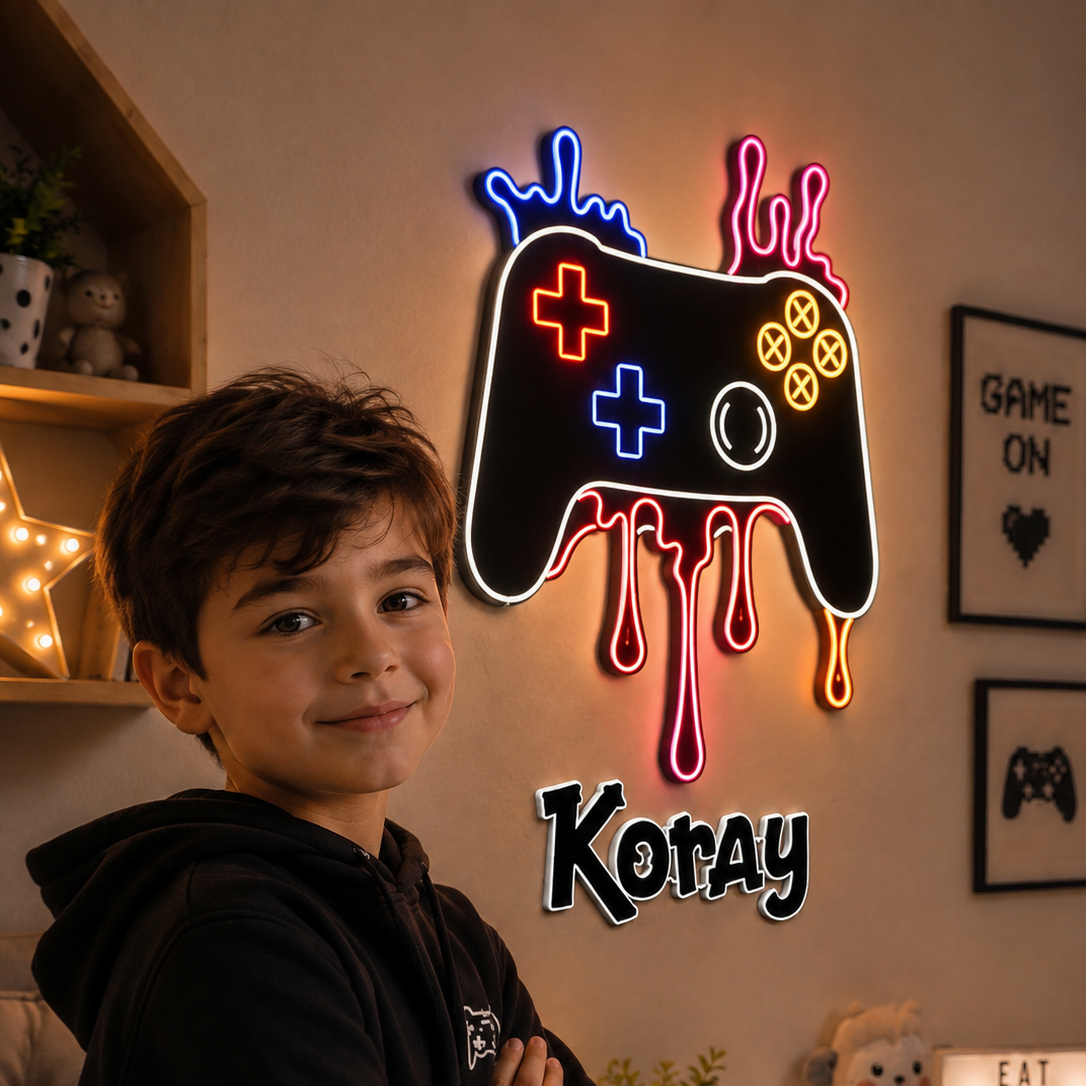 Kişiye Özel İsimli Playstation Oyun Kolu 2 parça LED Ahşap Gece Lambası