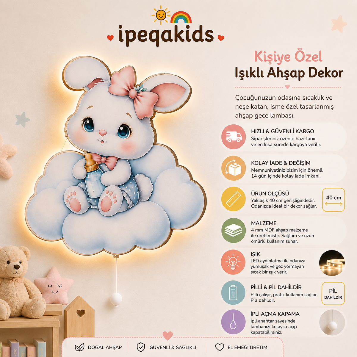 Tavşan Pilli LED Işıklı Ahşap Duvar Dekoru - Görsel 5