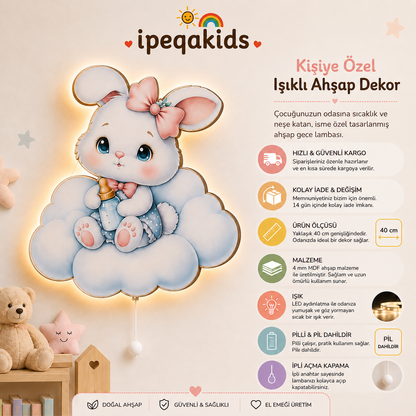 Tavşan Pilli LED Işıklı Ahşap Duvar Dekoru - Görsel 5