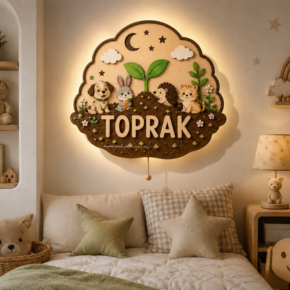 Kişiye Özel İsimli Hayvanlar ve Toprak LED Ahşap Gece Lambası