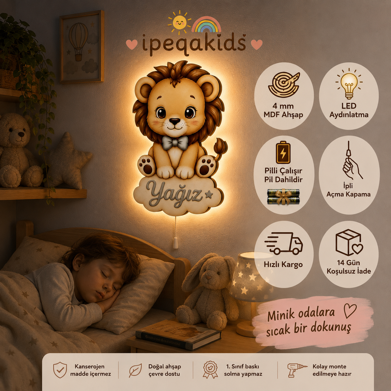 Kişiye Özel İsimli Aslan LED Ahşap Gece Lambası