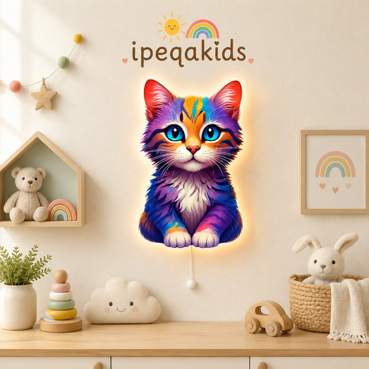 Renkli Kedi  LED Ahşap Gece Lambası