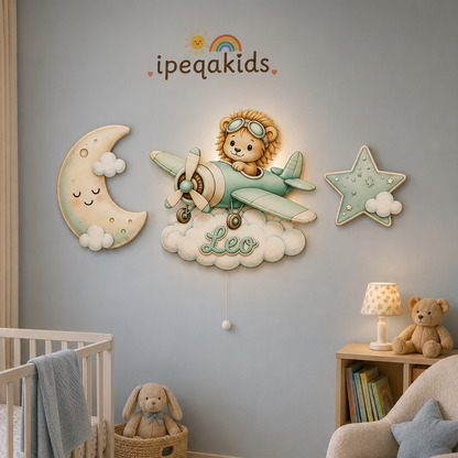 Kişiye Özel İsimli Aslan Uçak  3’lü LED Ahşap Gece Lambası