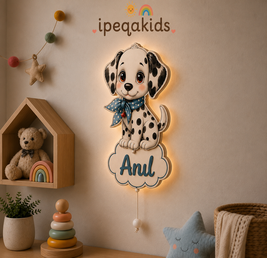 Kişiye Özel İsimli Dalmaçyalı Köpek LED Ahşap Gece Lambası