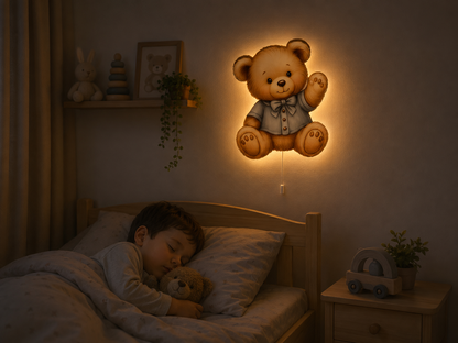 Gömlekli Ayıcık Led Işıklı Bebek Odası Ahşap Duvar Dekoru - Gece Lambası