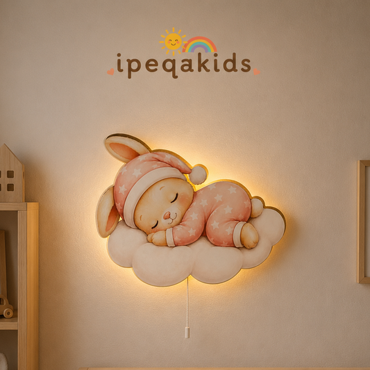 Uyuyan Pembe Tavşan Led Işıklı Bebek Odası Ahşap Duvar Dekoru - Gece Lambası