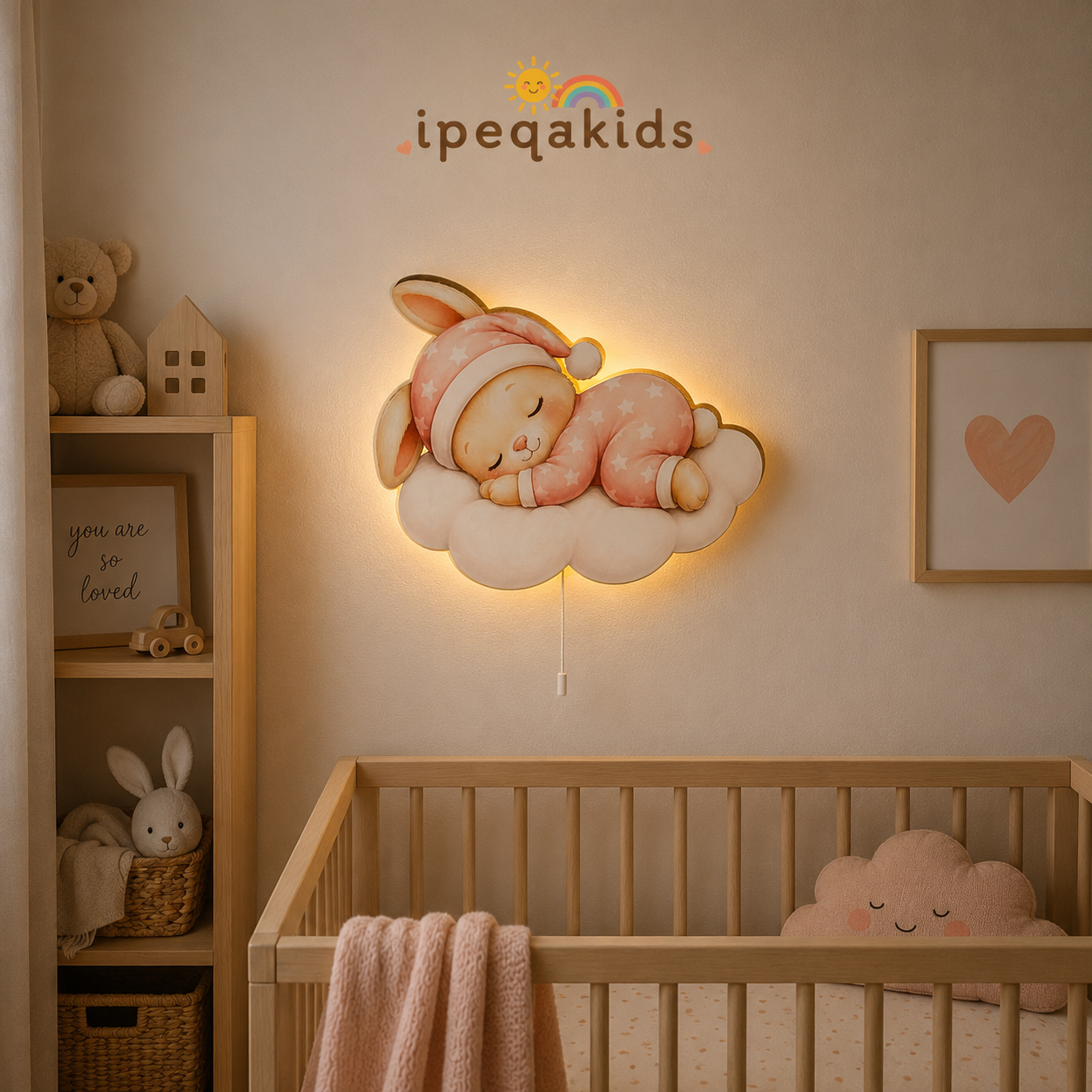 Uyuyan Pembe Tavşan Led Işıklı Bebek Odası Ahşap Duvar Dekoru - Gece Lambası