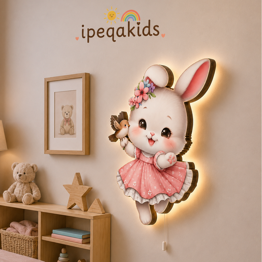 Neşeli Tavşan Led Işıklı Bebek Odası Ahşap Duvar Dekoru - Gece Lambası